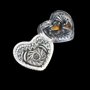 Vintage Trinket Dish Heart Shaped Starburst Crystal Cut Glass Jewelry Box